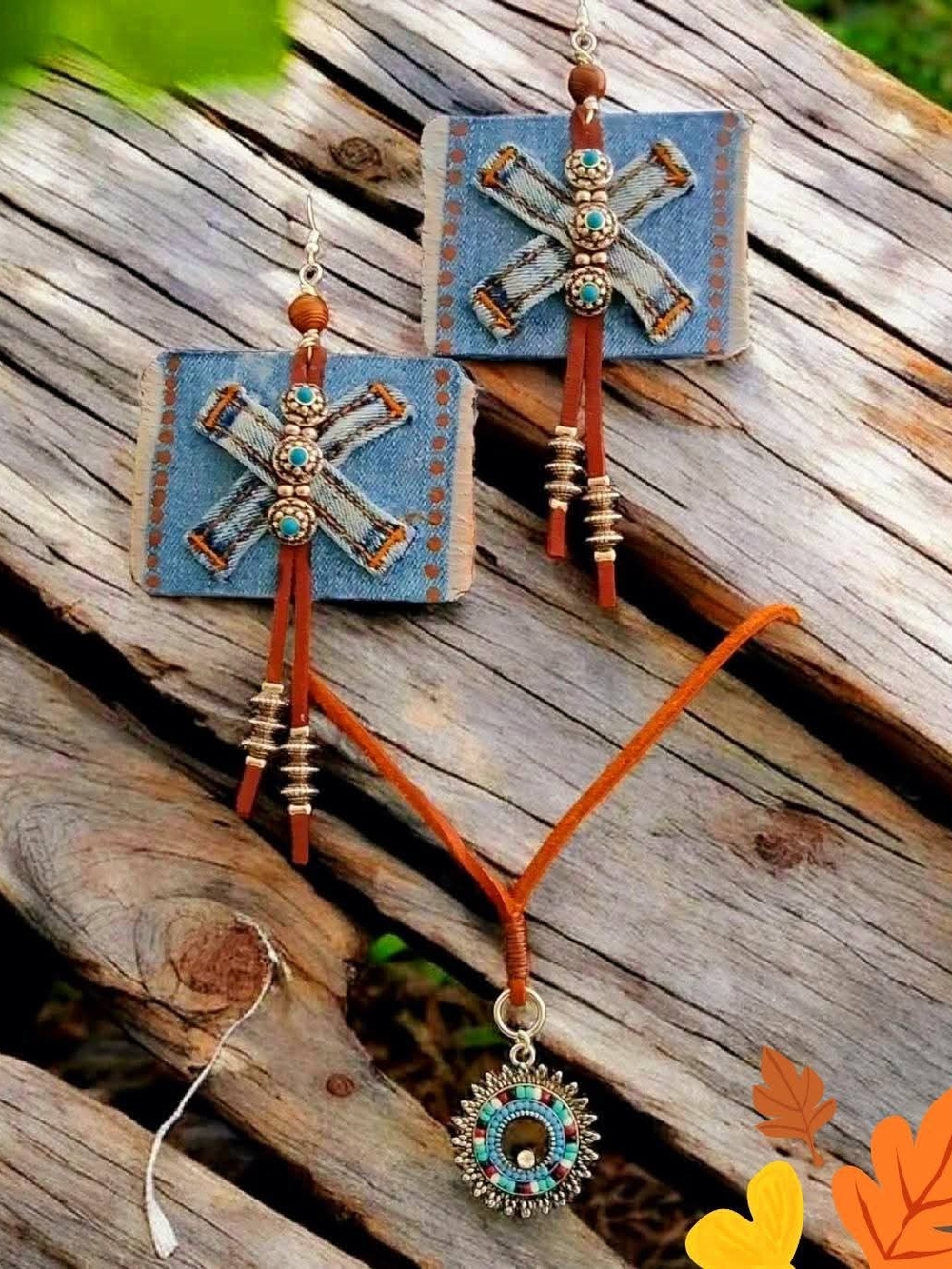 Handcrafted Turquoise Accent Denim and Leather Earrings and Necklace Set